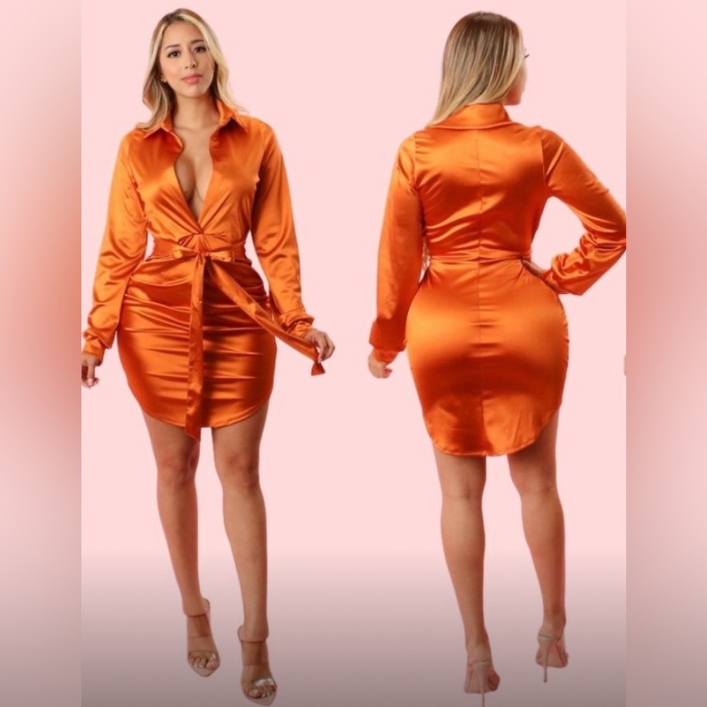 Orange Belted Satin Mini Dress